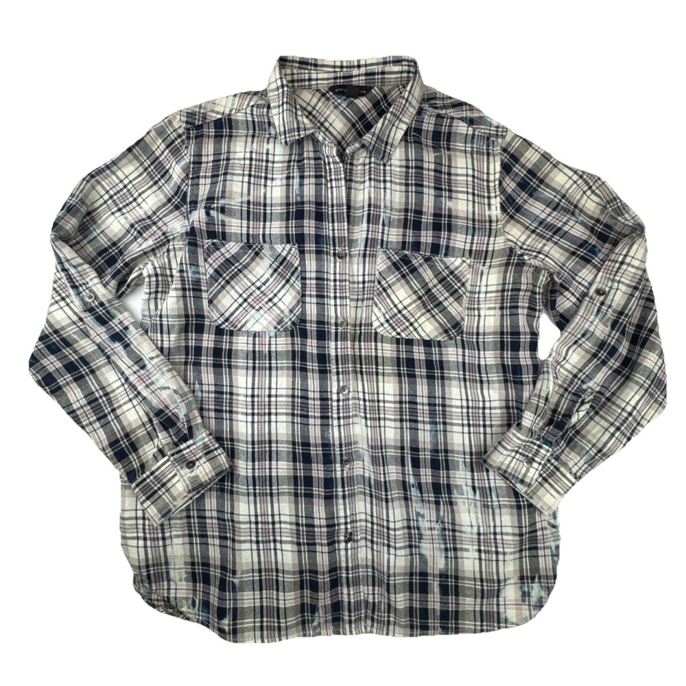 Distressed Bleached Plaid Button Down Shirt Rock & Republic Purple Black Large
